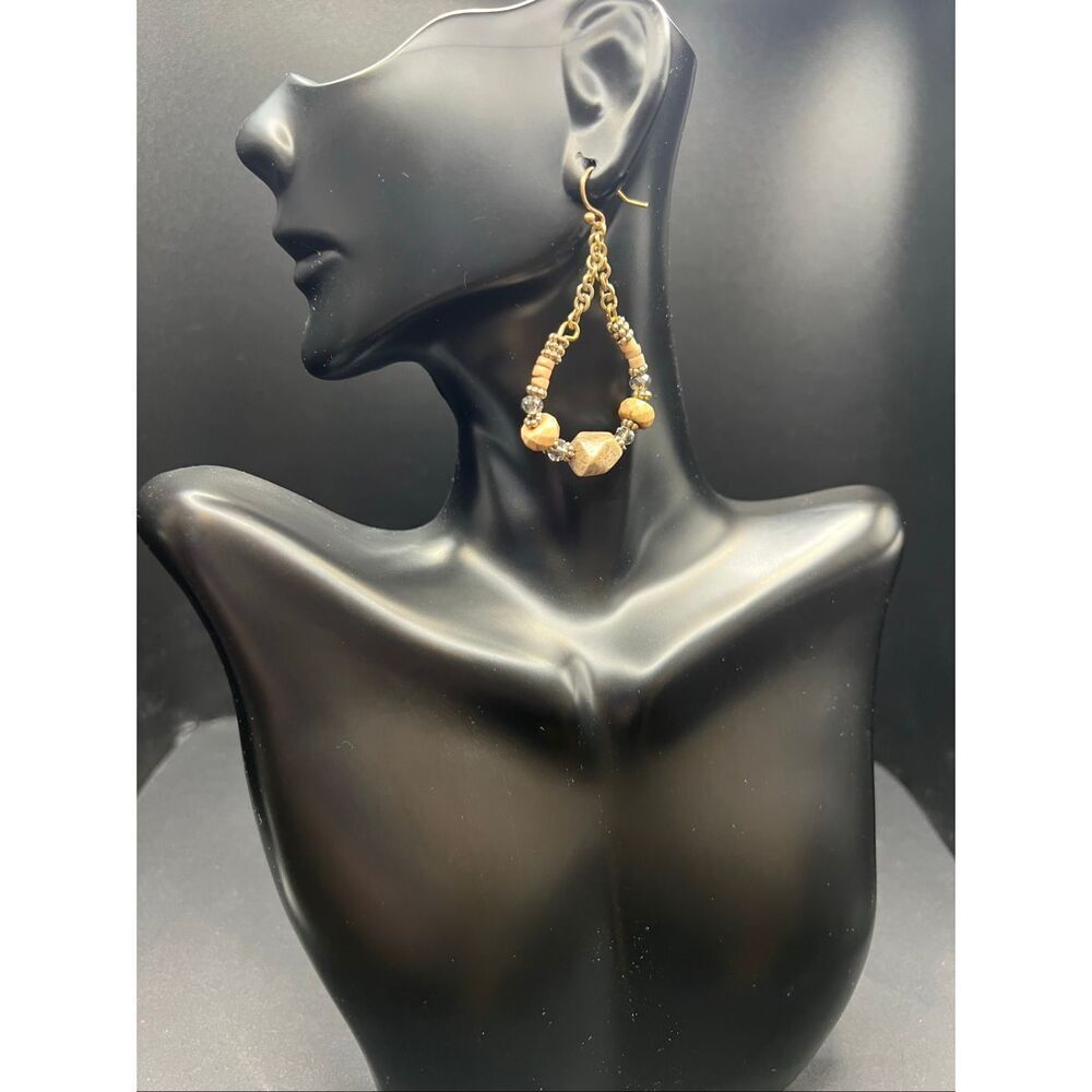 Chico's Gold Tone Chain Earthy Neutral Tone Stones Beads Dangle Hook Earrings